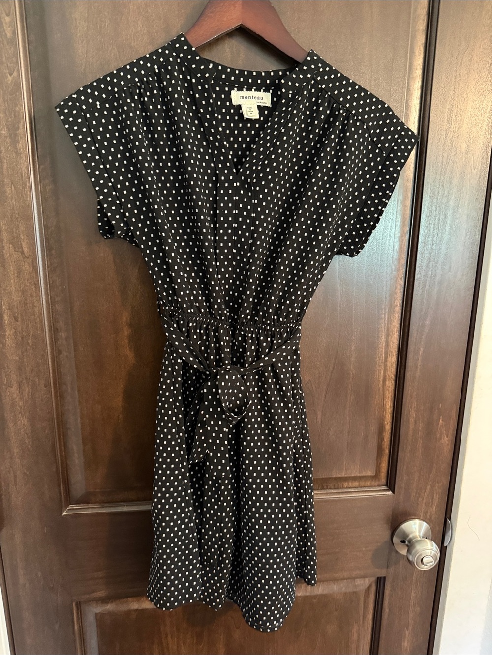 Monteau Black Polka Dot Tie-Waist Dress